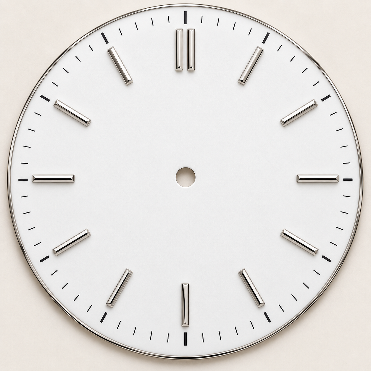 Plain white watch dial with polished silver hour indices, minute markers and central spindle hole.
