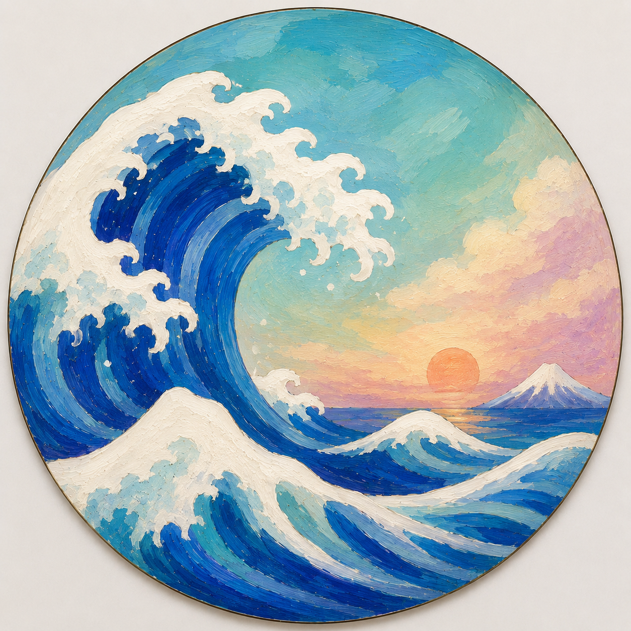 Finished wave artwork with individually painted blue strokes, textured ivory sea foam and a warm sunset.