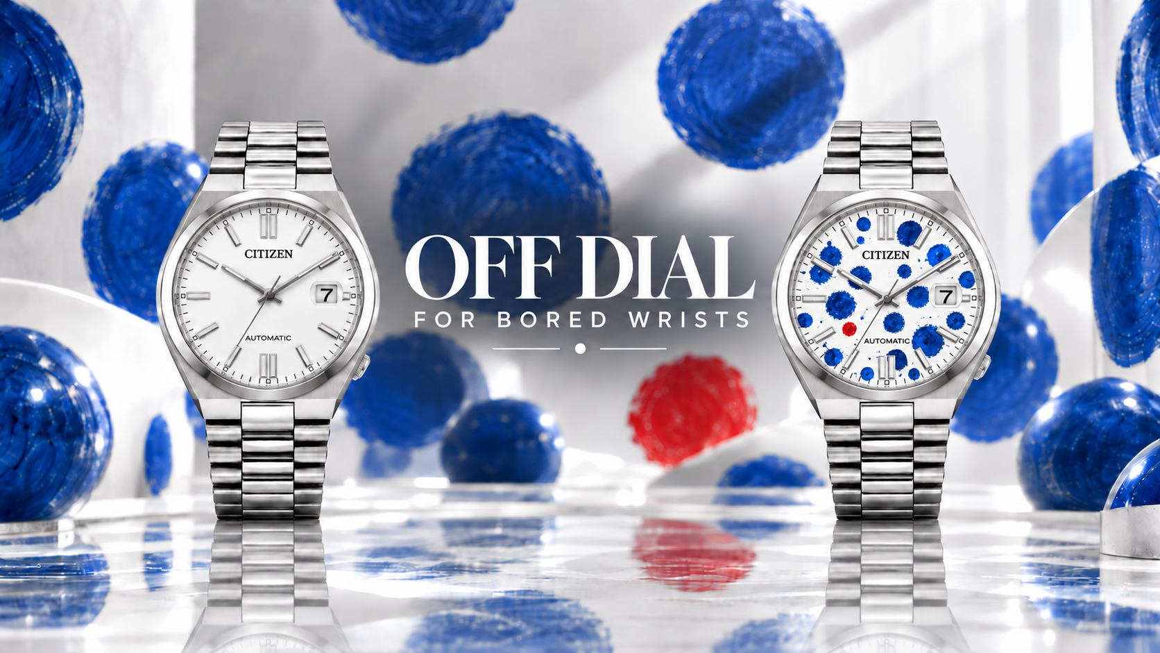 Off Dial — customised Citizen automatic watch with a playful hand-painted blue-and-red dial, presented with the line Off Dial for bored wrists.